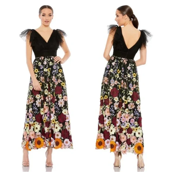 Mac Duggal 68204 Embroidered Ruched Flutter Sleeve A-Line Dress - Picture 1 of 6